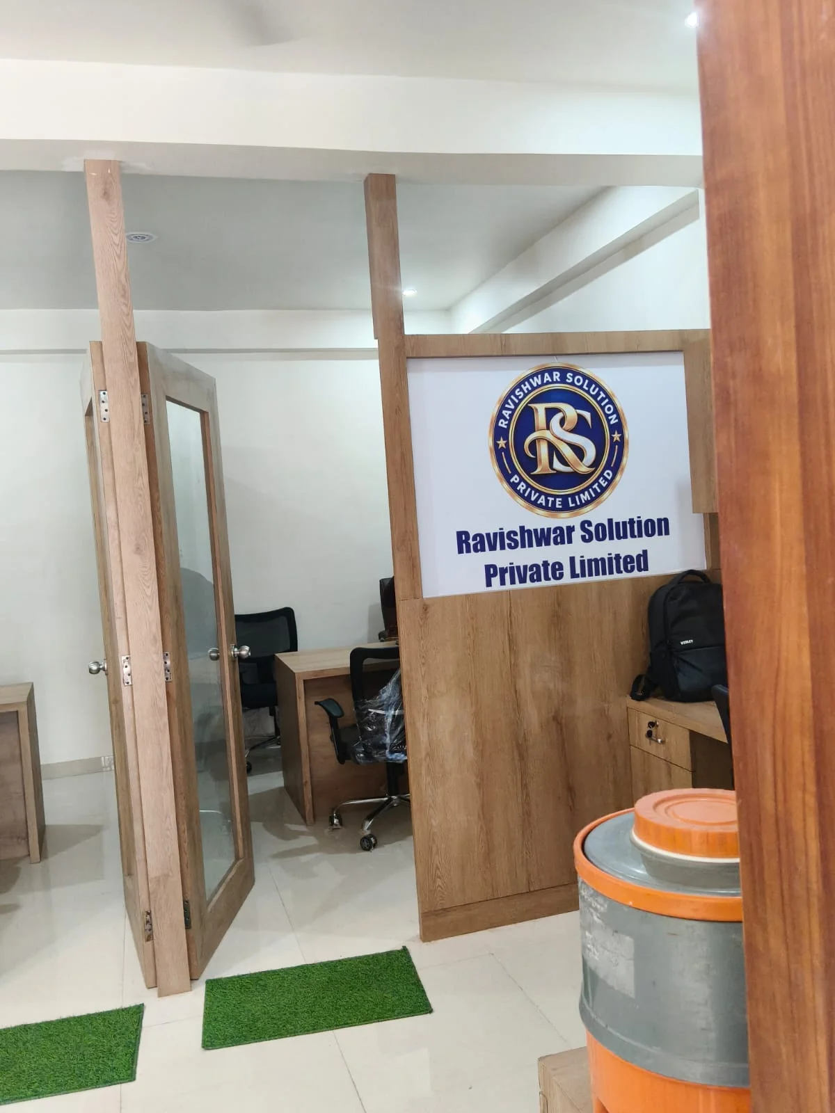 Interior view of our office with company signage